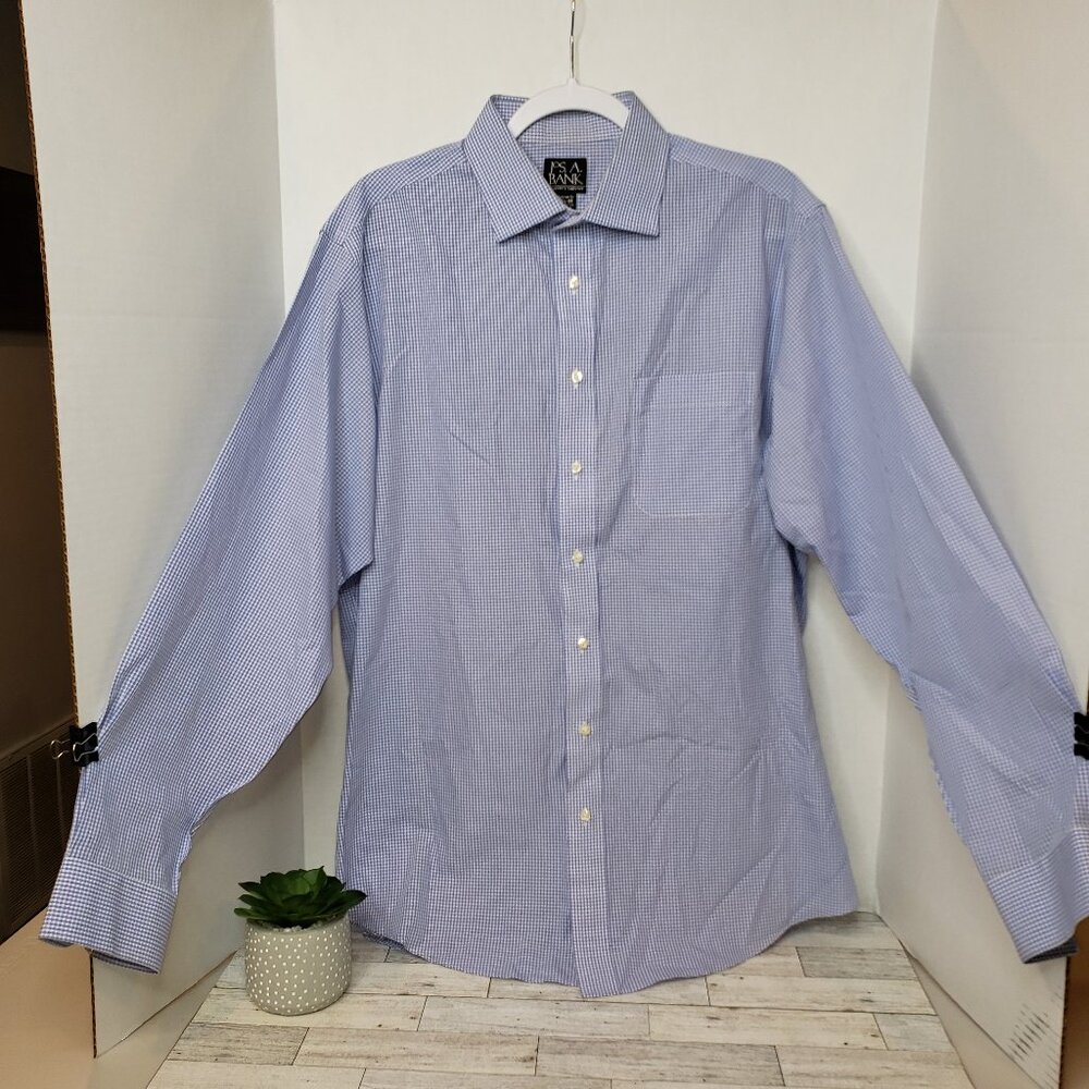 NWOT JoS A Bank Traveler Collection Blue Gingham Long Sleeve 16.5-35